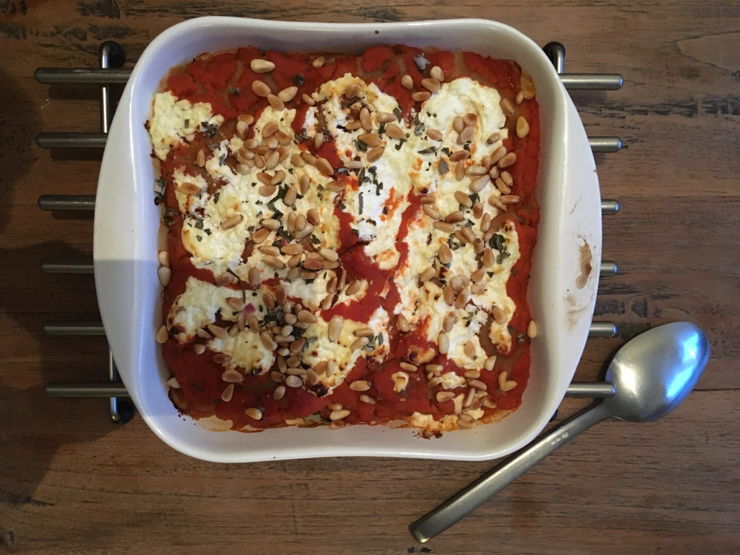 Pompoenlasagne met spinazie en champignons
