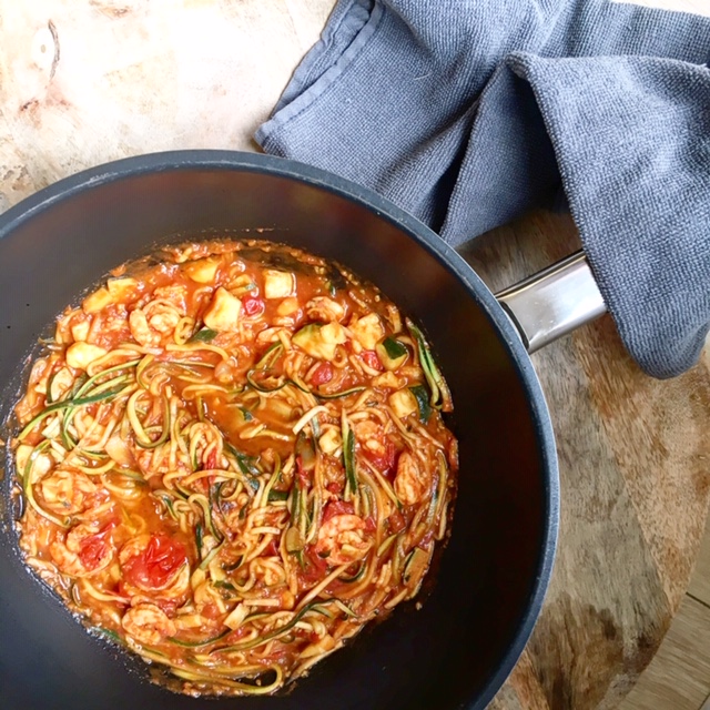 Spaghetti met pittige garnalen